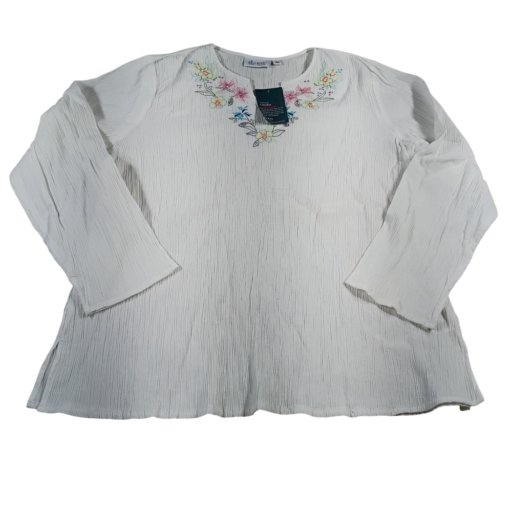 Denim & Co Blouse Womens L White NEW Floral Embroidered Crinkle Cotton Top